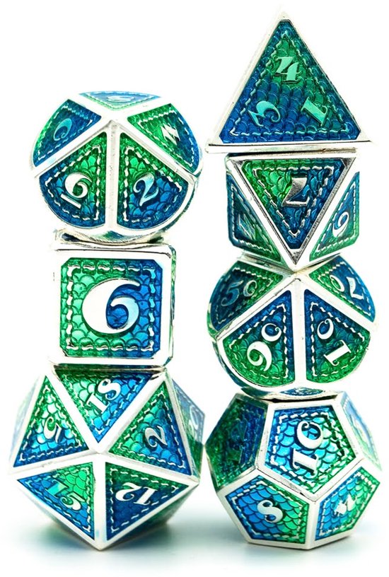 Lapi Toys - Dés Dungeons and Dragons - Dés D& D&D - Polydice métal D&D - 1 set (7 pièces) - Métal - Vert - Blauw