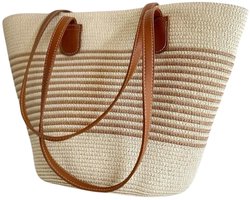 Twenty Two™ Stijlvolle geweven strandtas voor dames | boho schouder tas voor dames | middelmaat stro tas met leren banden en ritssluiting | big shopper | boodschappentas | perfect voor strand, vakantie, boodschappen | beige-bruin met strepen