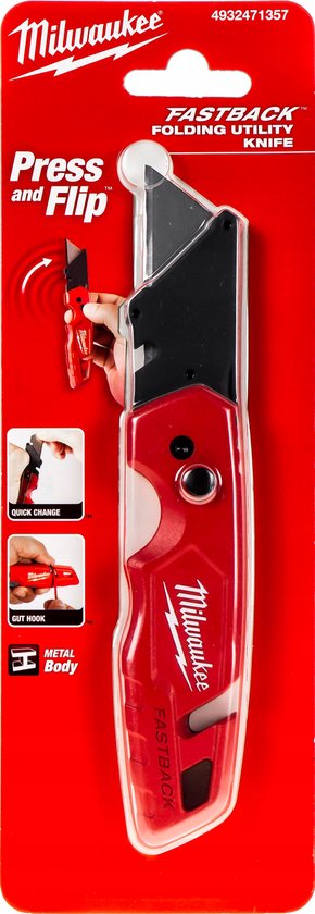Milwaukee Fastback inklapbaar universeel mes in verpakking, rood met transparant plastic.