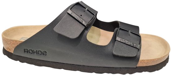 Zwarte Rohde slipper met twee verstelbare banden en gespen.