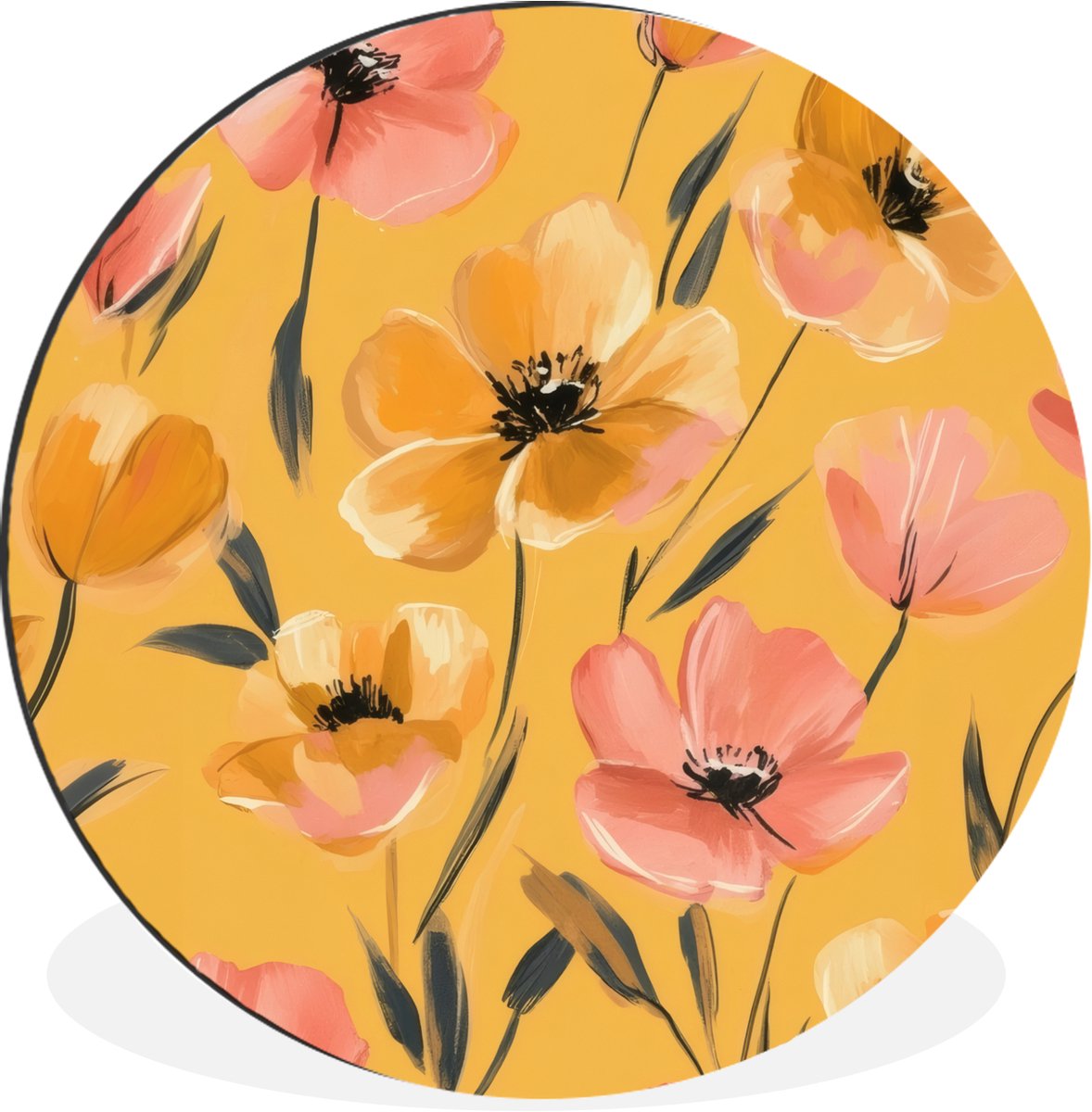 WallCircle Wandcirkel - Muurcirkel - Bloemen - Geschilderd - Geel - Aluminium - Dibond - 90x90 cm - Binnen en Buiten