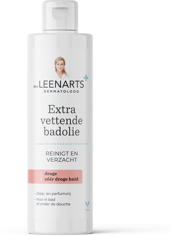 Witte fles Drs Leenarts Extra vettende badolie voor droge tot zeer droge huid.