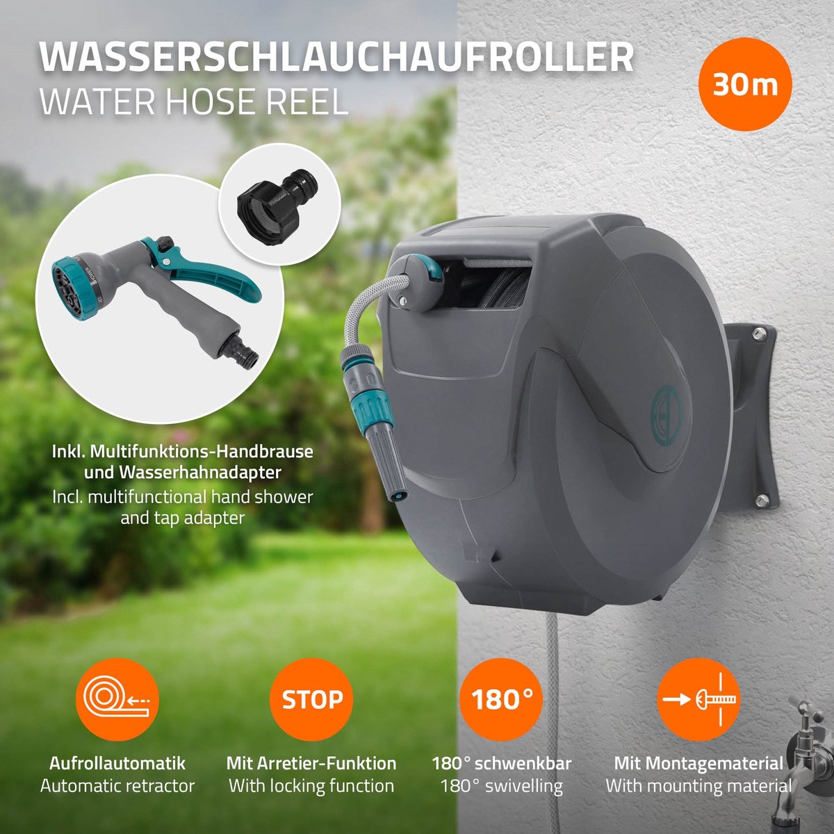 ECD Germany rollup tuinslanghaspel 30m+2m muurgemonteerde slanghouder met automatisch oprolmechanisme vergrendelingssysteem 9 sproeifuncties 180° zwenkbaar waterslangbox voor wandbevestiging ideaal voor tuin en terrasonderhoud – foto 2