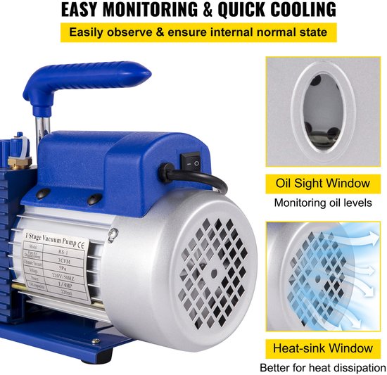 VEVOR Vacuumpomp Airco Koelmiddel Vacuumkamer 3 CFM 1 Stage Koeling Meters Gereedschap van Merkloos — afbeelding 3