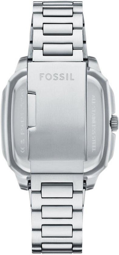Zilverkleurig herenhorloge met Fossil logo op de achterkant. "ALL STAINLESS STEEL" gegraveerd.