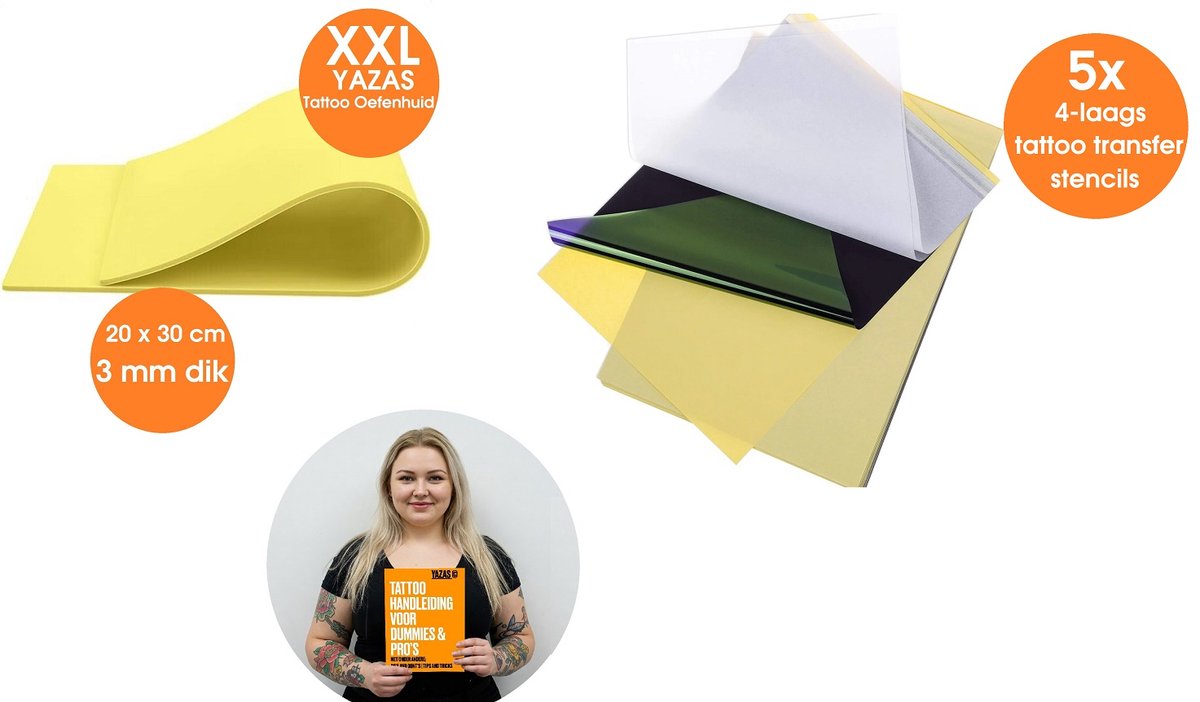 1x XXL Tattoo Oefenhuid en 5x Tattoo Transfer Stencils voor het oefenen en overzetten van een Tatoeage - Tattoo Carbon Transferpapier 1 | Tattoo, PMU, Microblading, Browmapping Kunsthuid | Nephuid | Permanente Make-Up Oefenen | Tatoeage Oefenset |