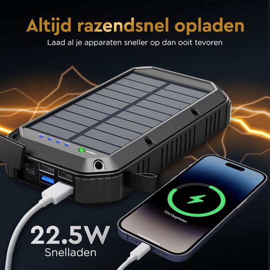 Zwarte powerbank met zonnepaneel en meerdere poorten, laadt een iPhone op. "22.5W Snelladen" tekst.