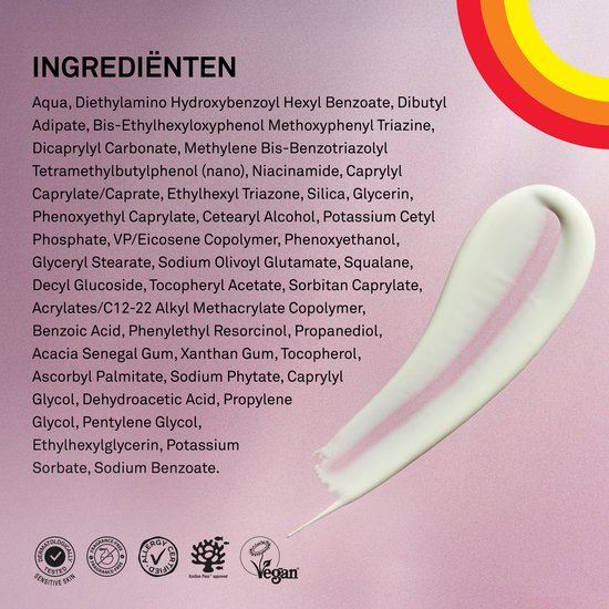 Zonnebrandcrème met ingrediëntenlijst en een veeg van de crème op een transparante schijf. Oranje, gele en rode cirkels bovenaan.