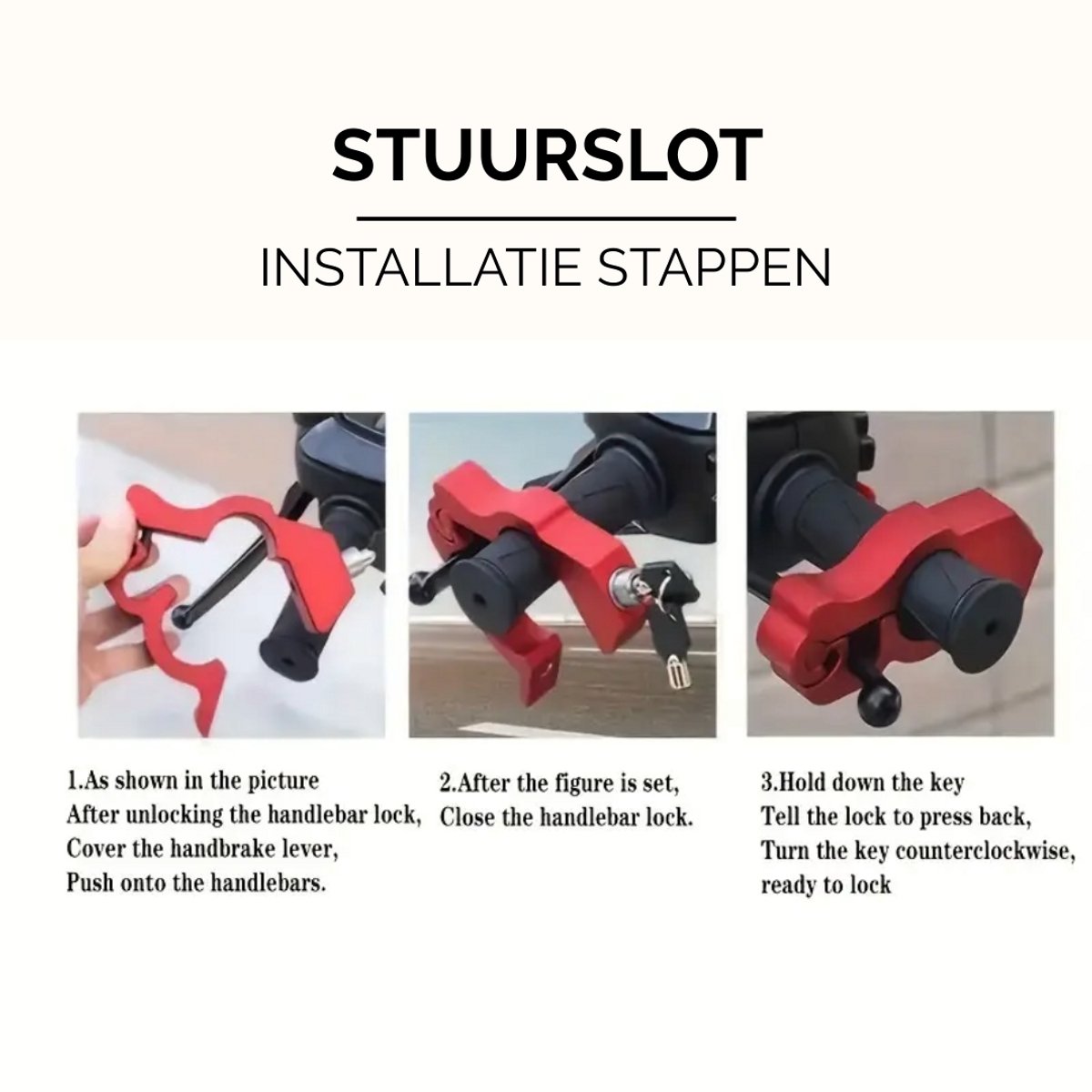 Stuurslot - Slot voor Scooter, Fiets – Universeel Beveiligingsslot met Sleutel – Aluminium Anti-diefstal Handremslot – Max. Stuurdikte 3,7 cm – foto 2