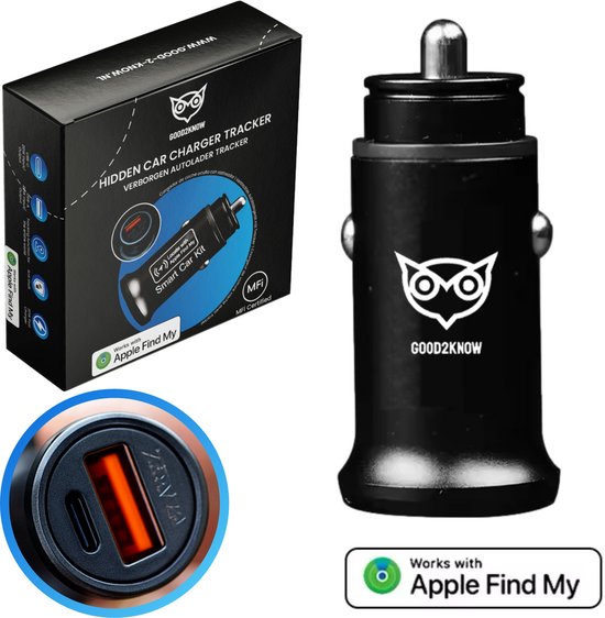 Good2Know Verborgen GPS Autolader - Geschikt voor Apple Find My – Verborgen GPS Auto Tracker – USB-C - USB-A – Gps tracker - Geschikt voor Apple Zoek mijn App