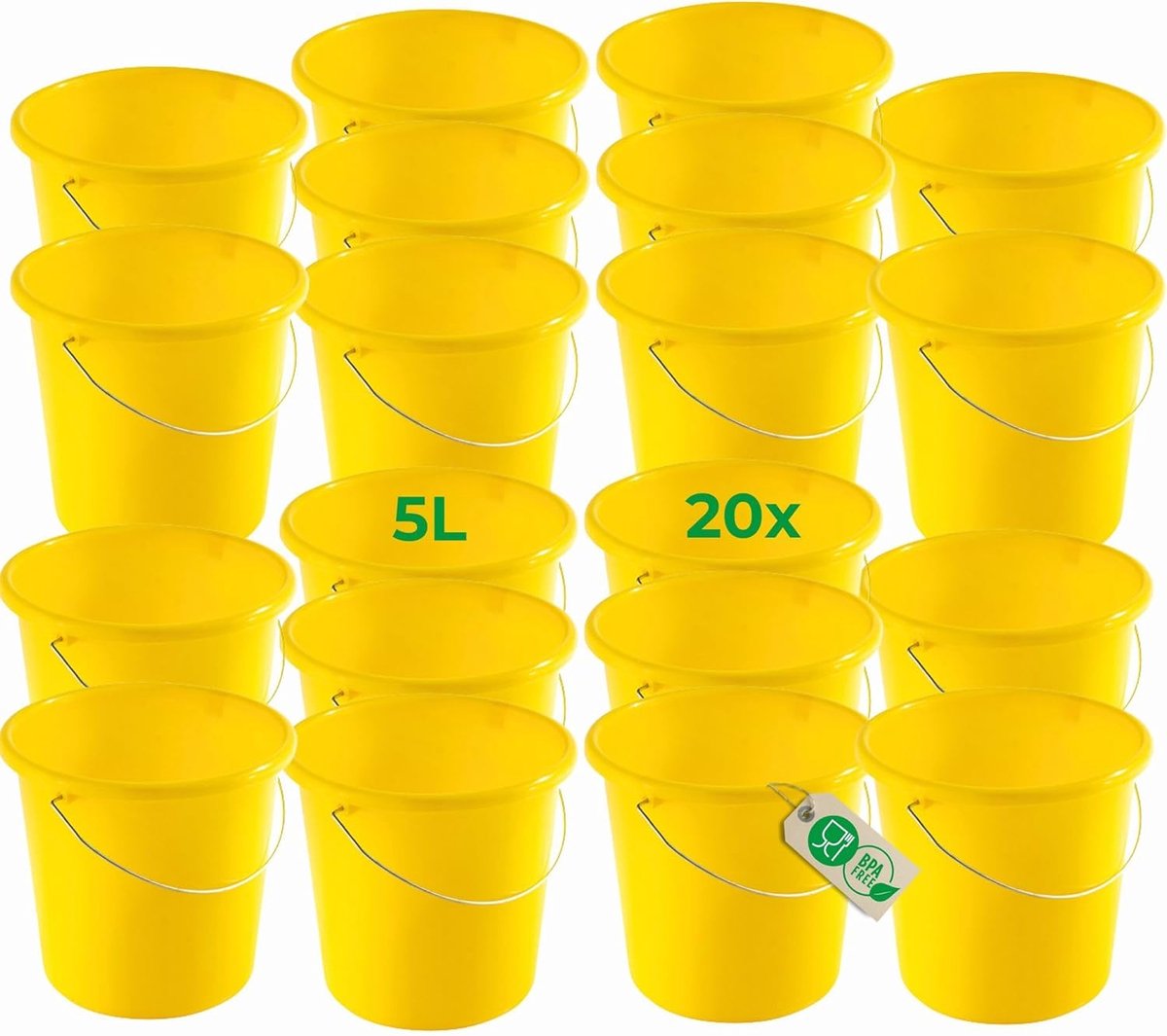 Novaliv 20 stuks emmer 5L geel met maatverdeling - schoonmaak emmer 5 liter? 22,5 cm Praktische alleskunner met schaalverdeling voor huishouden & tuin ideaal als huishoudemmer, wateremmer, dweilemmer, emmer