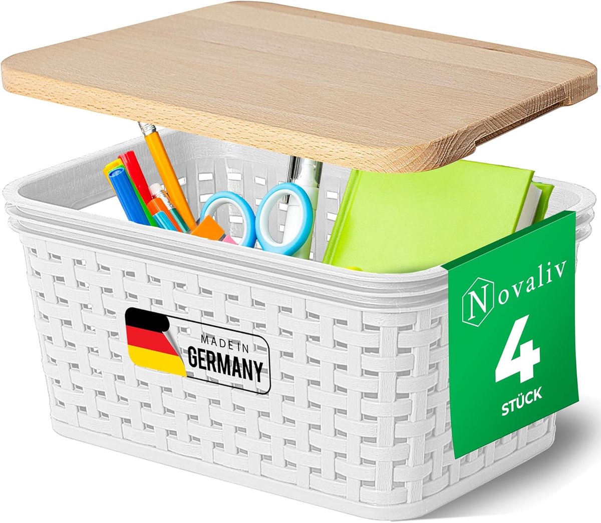 Novaliv set van 4 elegante opbergmanden met houten deksels in rotanlook | Wit voedselveilig plastic 2L? voor kantoor en thuis. Veelzijdige opbergdozen. Ideale opbergdoos