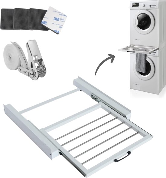 Dastium Home - Stapelkit Voor Wasmachine En Droger - Witte Stapelkit Met Droogrek - Tussenstuk Met Uitschuifbare Handdoekhouder - Wit