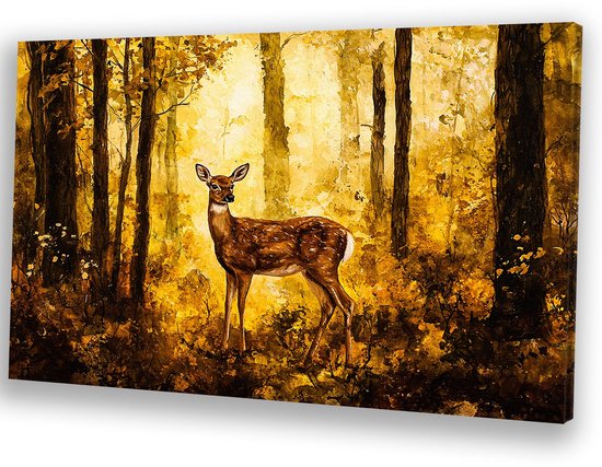 Hert in herfstbos - Hert portret - Schilderijen dier - Realistische kunst - Landelijke schilderijen - Decoratie muur - canvas 60x40 cm