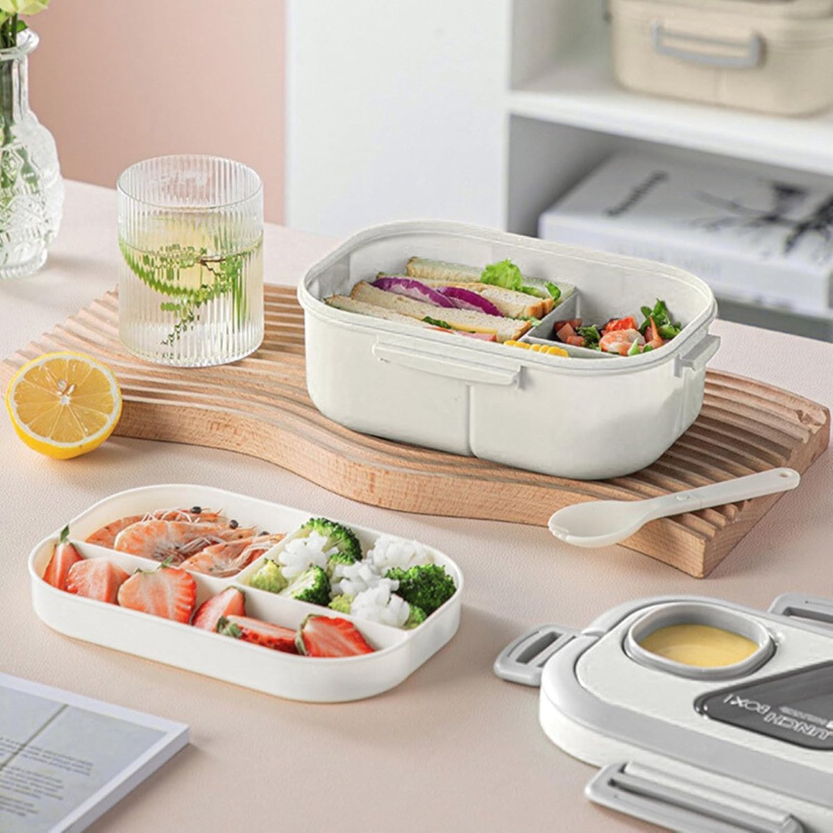 Lunchbox met sausbox en bestek, Lekvrij Bento Box 1200ml voor Diepvries, Vaatwasser & Magnetronbestendig, met Silicone Afdichtring, Dubbele Laag met 6 Vakken Voor volwassenen en kinderen, Wit-21*14.5*8.6cm — afbeelding 6