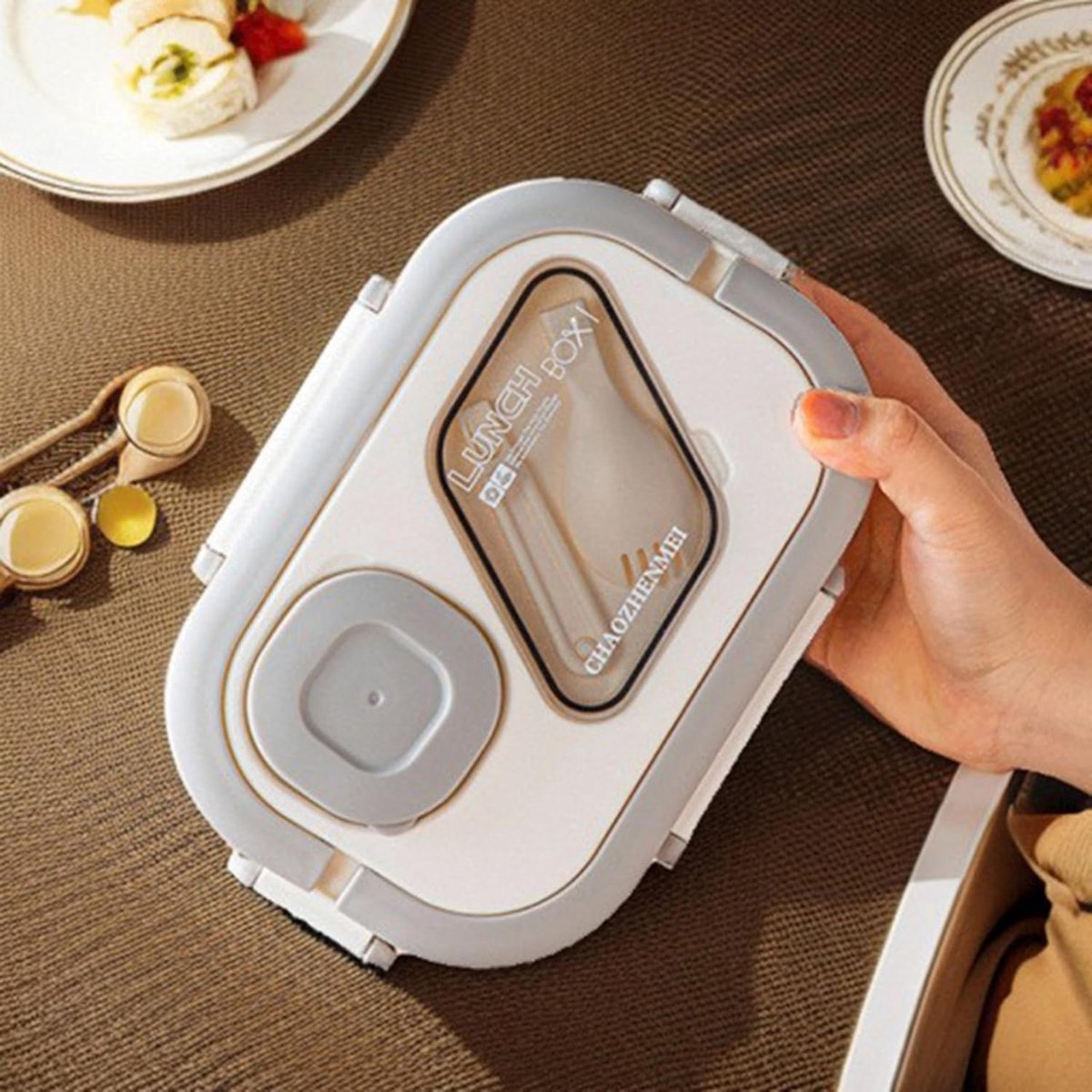 Lunchbox met sausbox en bestek, Lekvrij Bento Box 1200ml voor Diepvries, Vaatwasser & Magnetronbestendig, met Silicone Afdichtring, Dubbele Laag met 6 Vakken Voor volwassenen en kinderen, Wit-21*14.5*8.6cm — afbeelding 5