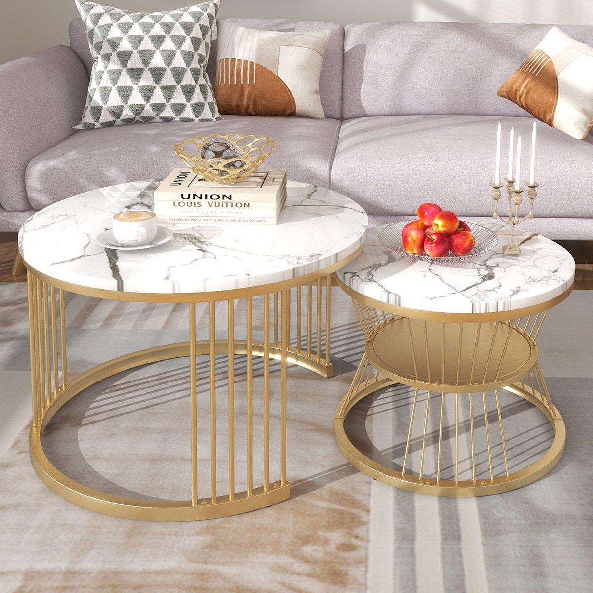 Set van 2 ronde salontafels 70/45 cm, Nesting salontafel, Marmer Motief Top, Vergulde Metalen Poten, Geschikt voor Woonkamer, Café, Woonkamer - Wit Goud