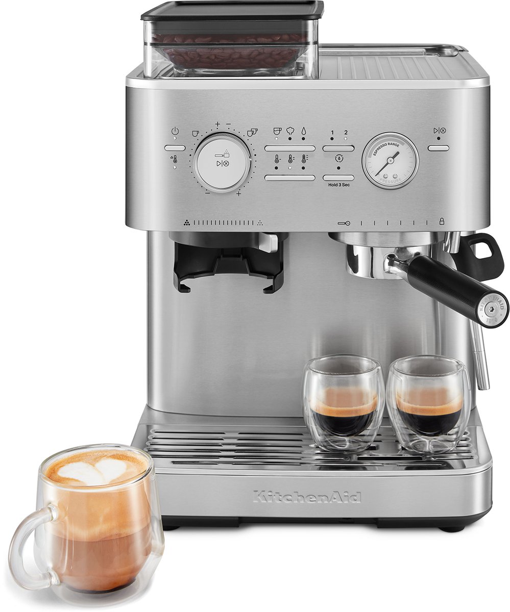 KitchenAid Halfautomatische Espressomachine met Koffiemolen - Ingebouwde koffiemolen, kantelbaar stoompijpje, 15 bar pomp en drukmeter - Roestvrij staal