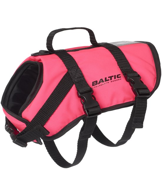Felroze Baltic reddingsvest met zwarte banden en gespen.