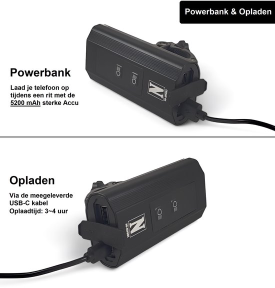 NO-EFFORT Fietsverlichting Set - Fietslamp Voorlicht en Achterlicht - USB Oplaadbaar - 1200 Lumen - 5200 mAh Powerbank Functie - Geschikt voor MTB en Racefiets - Fietslampjes Voor en Achter - 360° Draaibaar - Waterdicht — afbeelding 3