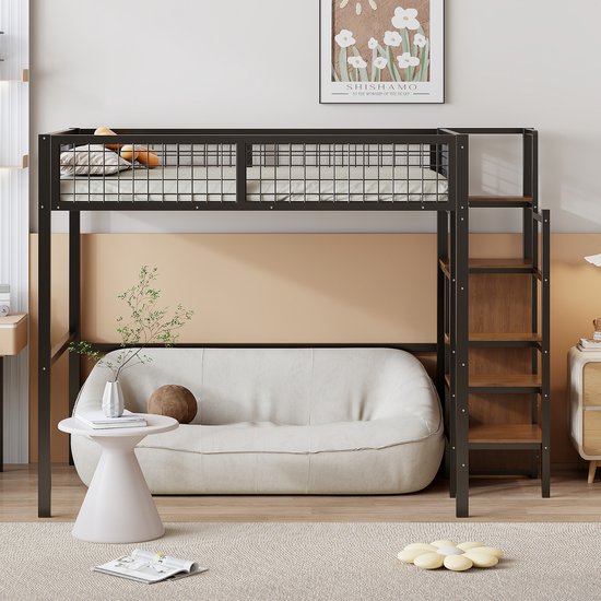 Pugsdrly Lit double Lit mezzanine 140x200 cm avec échelle Lit enfant avec cadre en fer et étagère de rangement Placard noir