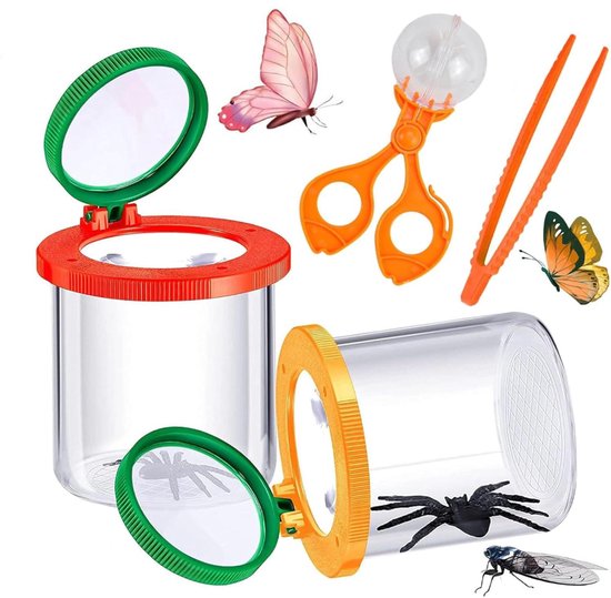 Kit de recherche pour enfants à partir de 4 ans - Avec boîte d'observation d 'insectes, filet papillon, 12 faux insectes, loupe pour enfants, attrape- insectes, cadeaux pour garçons et filles