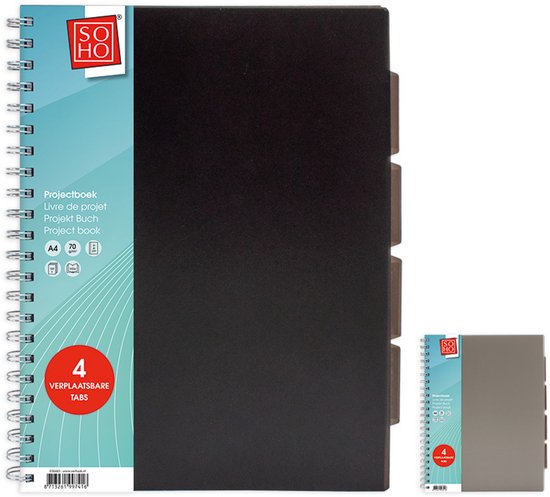 SOHO Projectboek – Collegeblok – Lijntjespapier – 4 verplaatsbare tabs – 23 rings – 120 vellen – A4 – Zwart/Grijs