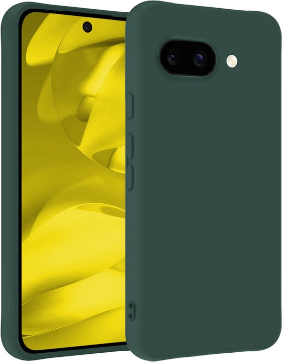 Coque en silicone vert foncé pour Google Pixel 9a, avec découpe visible pour appareil photo.