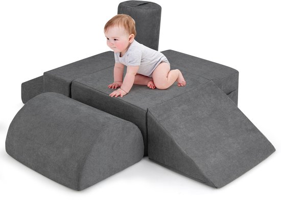 COSTWAY Blocs de construction souples 6 pièces, blocs de construction en mousse pour grimper et ramper pour bébés et tout-petits, blocs de construction géants en mousse, grands blocs de construction pour l'intérieur, 220 x 25 cm, gris