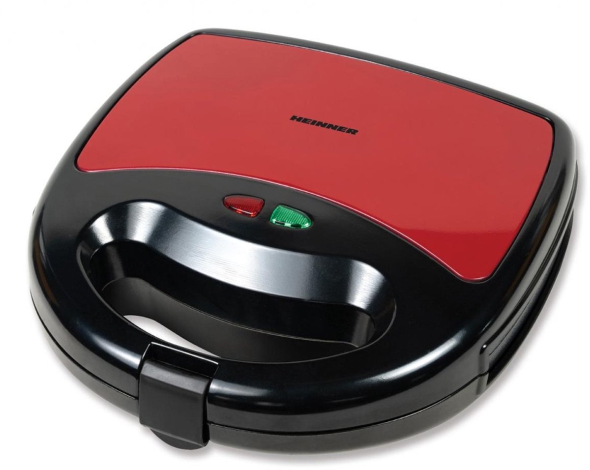 Heinner Sandwichmaker – 750 W – Antiaanbakplaten – Power- en Ready-indicatielampjes – Vergrendelbare Handgreep – RVS Deksel – Bereiding in ca. 2-3 Minuten – Zwart/Rood