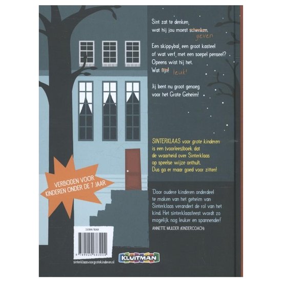 De achterkant van een kinderboek met teksten en informatie over Sinterklaas. Een huis met ramen, een deur en een boom.
