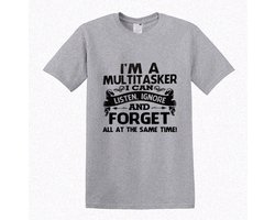 T-shirt 100% Belcoro® katoen Maat XL kleur grijs met zwarte tekst I am a multitasker bedrukking