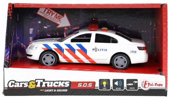 Witte speelgoedpolitieauto met oranje en blauwe strepen, 'Politie' opschrift, in verpakking.