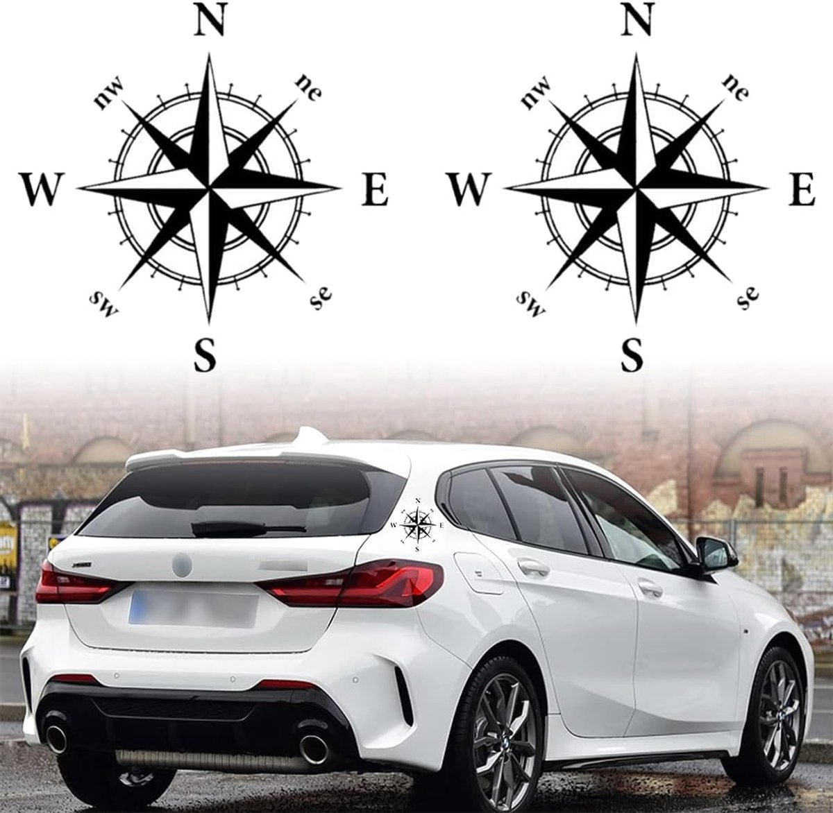 Sticker met kompas - offroad, auto, motorfiets - 1 stuk - zwart - 16 cm
