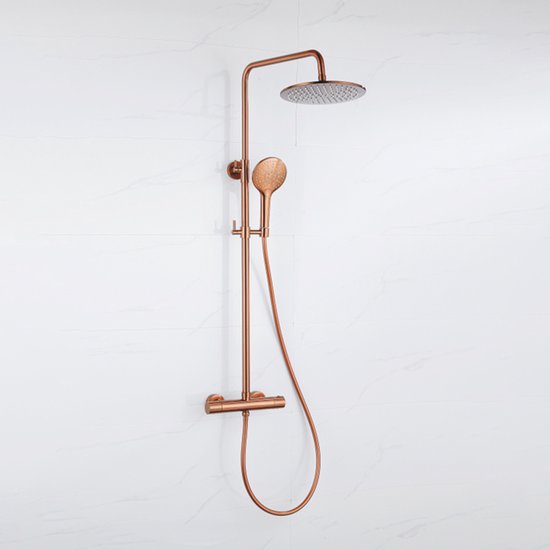Fortifura Calvi Regendoucheset - thermostatisch - 25cm hoofddouche - gladde slang - ronde handdouche - Geborsteld koper PVD (Koper)