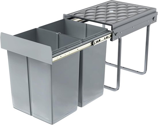XINZI Afvalemmer voor keuken, 2 vakken, 2 x 20 l, inbouw, afvalscheidingssysteem, vuilnisemmer, met volledig uittrekbaar, keukenafvalemmer