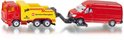 Gele breakdown truck met '24h Siku Service-Transport' opdruk, die een rood personenbusje op een plateau vervoert.