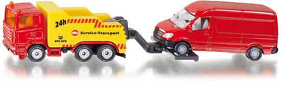 Gele breakdown truck met '24h Siku Service-Transport' opdruk, die een rood personenbusje op een plateau vervoert.