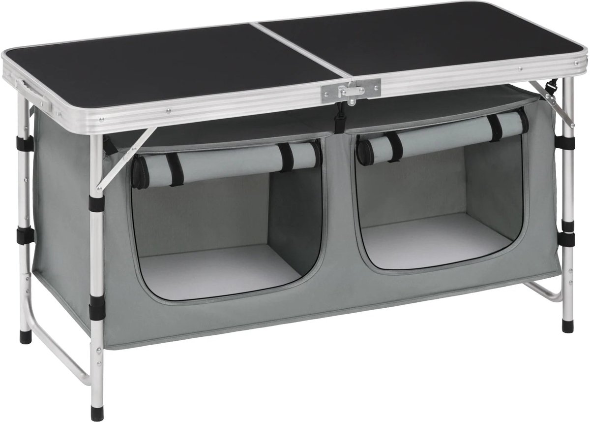 Inklapbare Tafel – Camping – Vouwtafel Buiten – Opvouwbaar - met Opbergtas - en Kastjes - 180 x 70 x 74 cm – voor Tuin - BBQ - Zwart Grijs