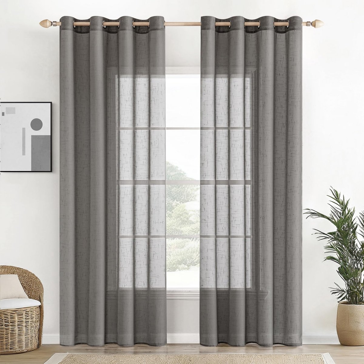 Unyqoos ® Transparante Linnen Gordijnen Set van 2 met Oogjes voor Woonkamer en Slaapkamer Zwart