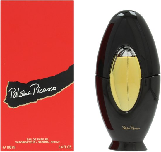 Zwarte ovale parfumfles met gele vulling, naast een rode verpakking met golvend zwart en gouden tekst 'Paloma Picasso'.