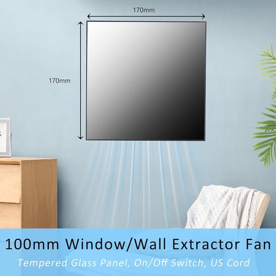 Hose Vary Zwarte badkamerventilator, 100 mm, stille afvoerventilator, 10 W, 95 m³/u, raamventilator, afvoerlucht met terugslagklep, raammontageing, EU- stekker voor keuken, toilet, badkamer
