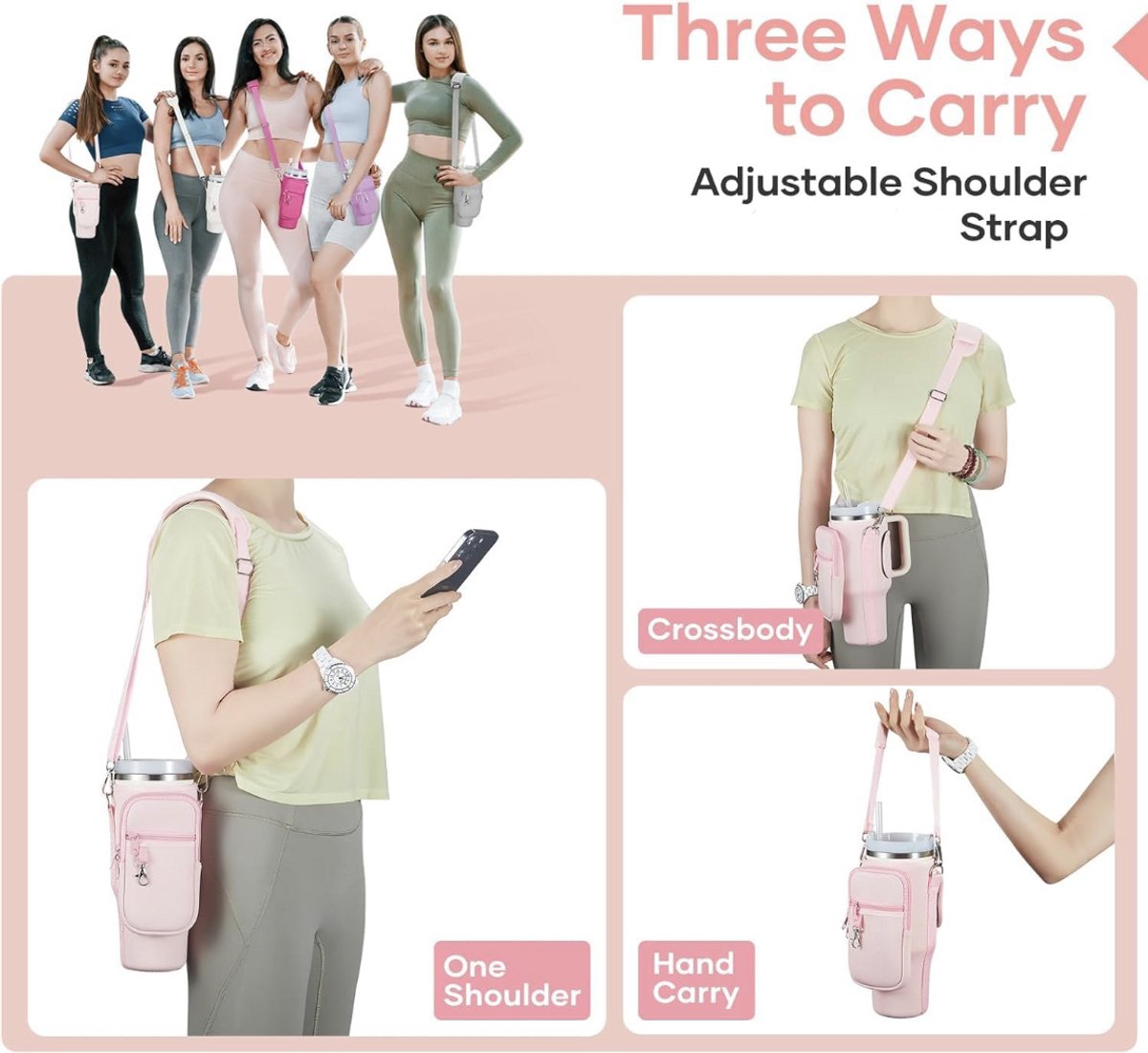 Tas voor Stanley Cup 40oz - Draagtas met vak voor mobiele telefoon, karabijnhaak en verstelbare schouderband - Ideaal voor reizen, wandelen, hardlopen en fietsen (Wit