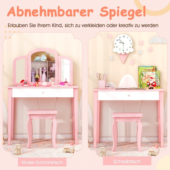 COSTWAY Make-uptafel voor kinderen met verlichting, kaptafel voor meisjes met drievoudig inklapbare spiegel en lade, houten make-uptafel met kruk, kinderkaptafel set vanaf 3 jaar COSTWAY Make-uptafel voor kinderen met verlichting, kaptafel voor meisjes met drievoudig inklapbare spiegel en lade, houten make-uptafel met kruk, kinderkaptafel set vanaf 3 jaar