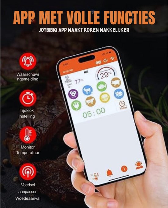 Draadloze slimme vleesthermometer, 100 m bereik, bluetooth, grillthermometer, braadthermometer voor oven, grill, rookoven, rotisserie airfryer, iOS- en Android-app