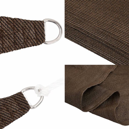 Detailopname van hoeken met metalen D-ringen en touw van bruin, geweven schaduwdoek.