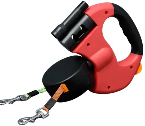 Dubbele Uittrekbare Hondenriem - HDW - Rolriem Voor 2 Honden - 3 Meter - Verstelbaar - Reflecterende Lijnen - Met Zaklamp en Poepzakjeshouder - 360° Draaibaar - Rood