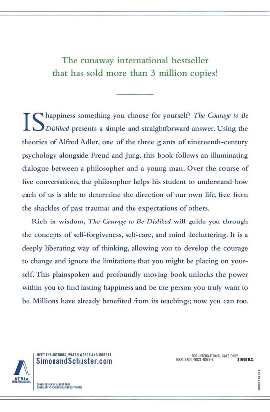 De achterkant van het boek 'The Courage to Be Disliked', een internationale bestseller. Tekst over de inhoud en uitgever.