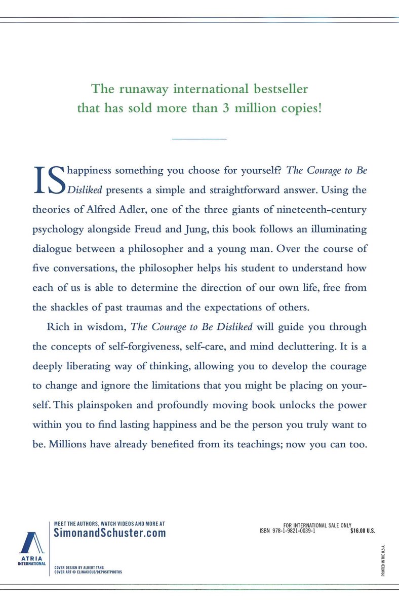 De achterkant van het boek 'The Courage to Be Disliked', een internationale bestseller. Tekst over de inhoud en uitgever.