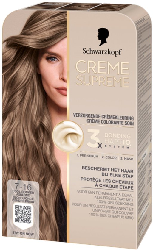 Schwarzkopf - CREME SUPREME 7-16 - Haarkleuring - Cool Donker Asblond - Permanente Haarverf - Beschermt en Versterkt - Grijsdekking - 245g
